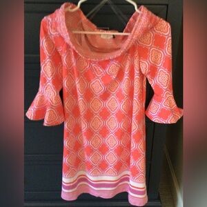 Cabana Life Coral Geo Smocked Off Shoulder 3/4 Sleeve UPF50+ Dress Medium